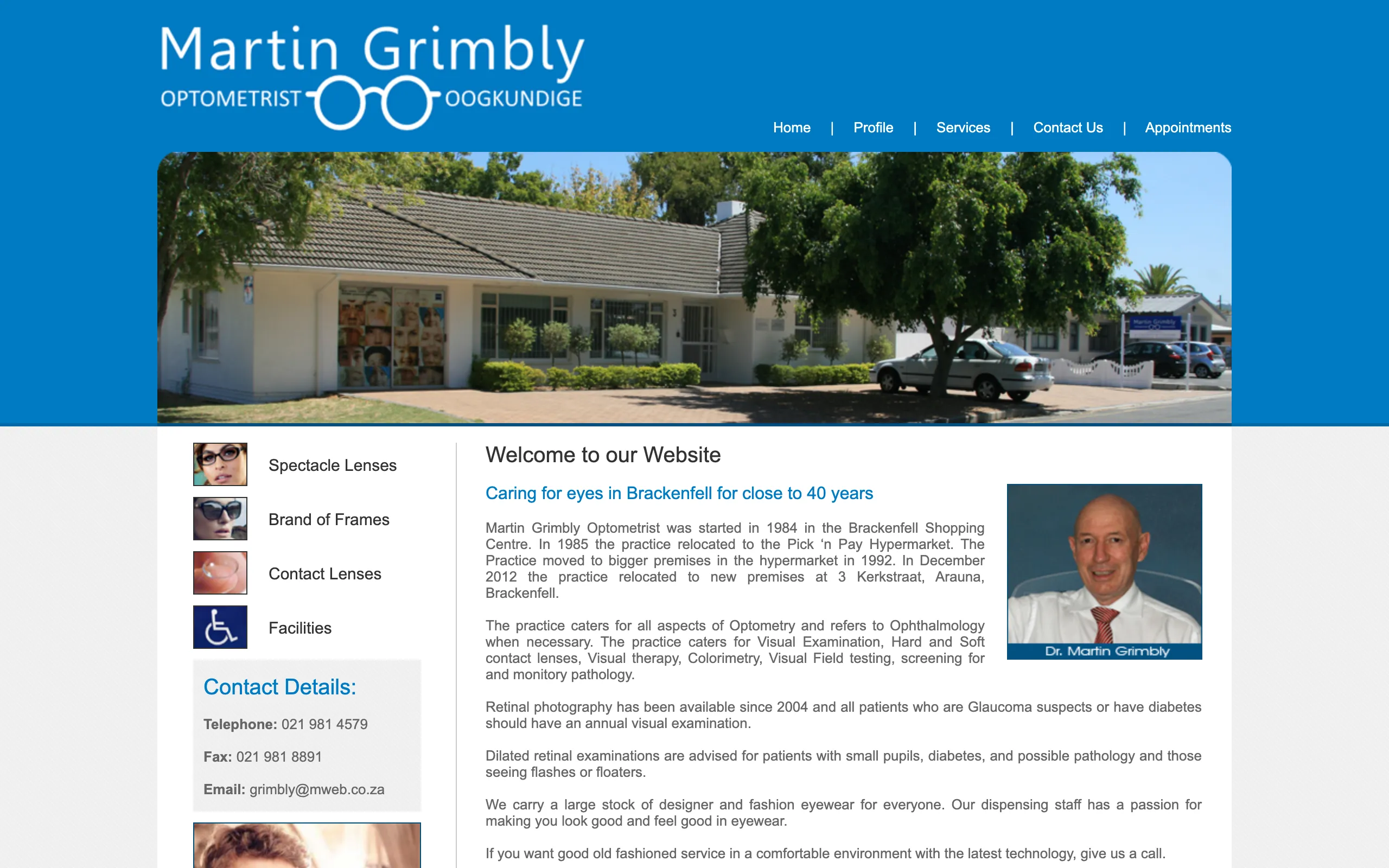 The previous Martin Grimbly Optometrist website: a fixed-width desktop design from 2012