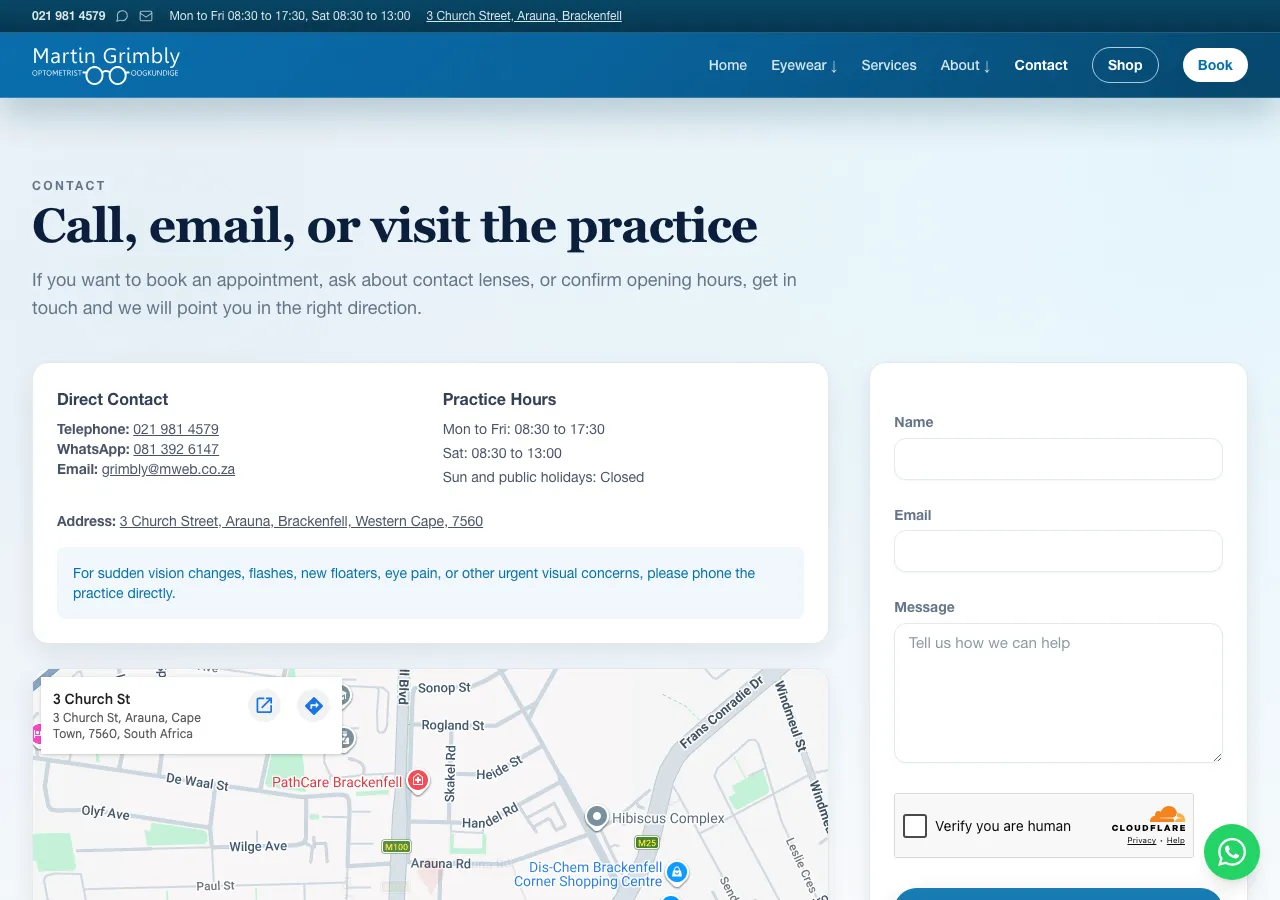 The rebuilt contact page: tap-to-call, an embedded map, opening hours and an enquiry form