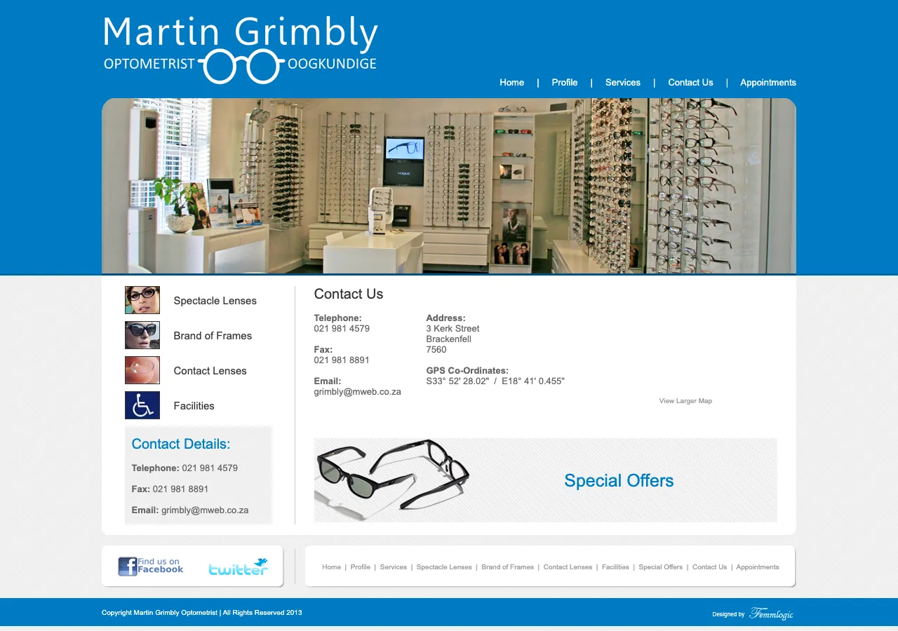 The previous Martin Grimbly Optometrist contact page: a static address and phone number