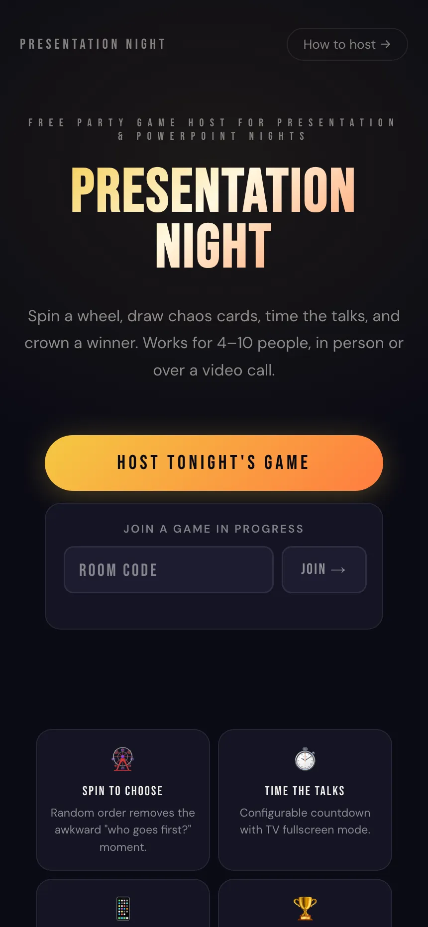 Presentation Night on a phone: the host screen with a spin wheel and a join-by-room-code prompt